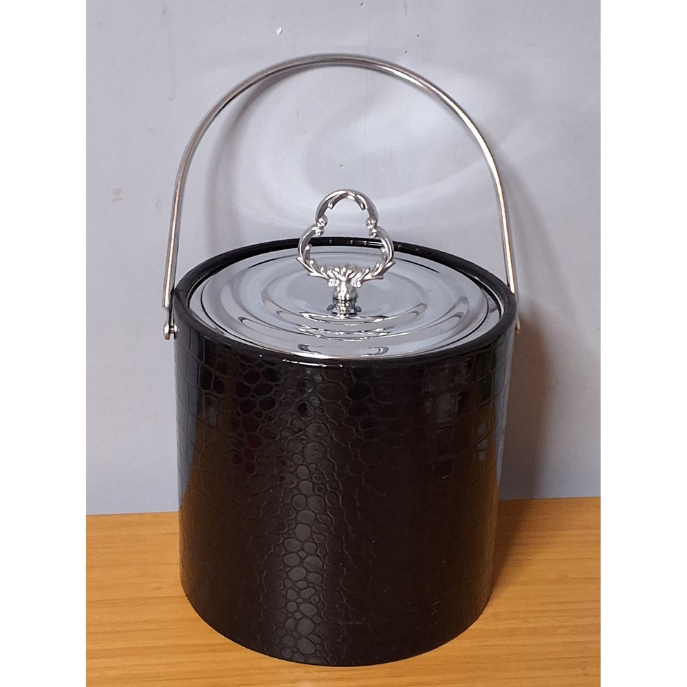 Vintage Irvinware Black Faux Crocodile Ice Bucket Chrome Lid Made in USA MCM
